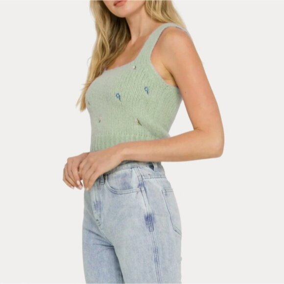 ENGLISH FACTORY Soft Green Knit Tank with Embroidered Floral Detail- Size L - Picture 6 of 15